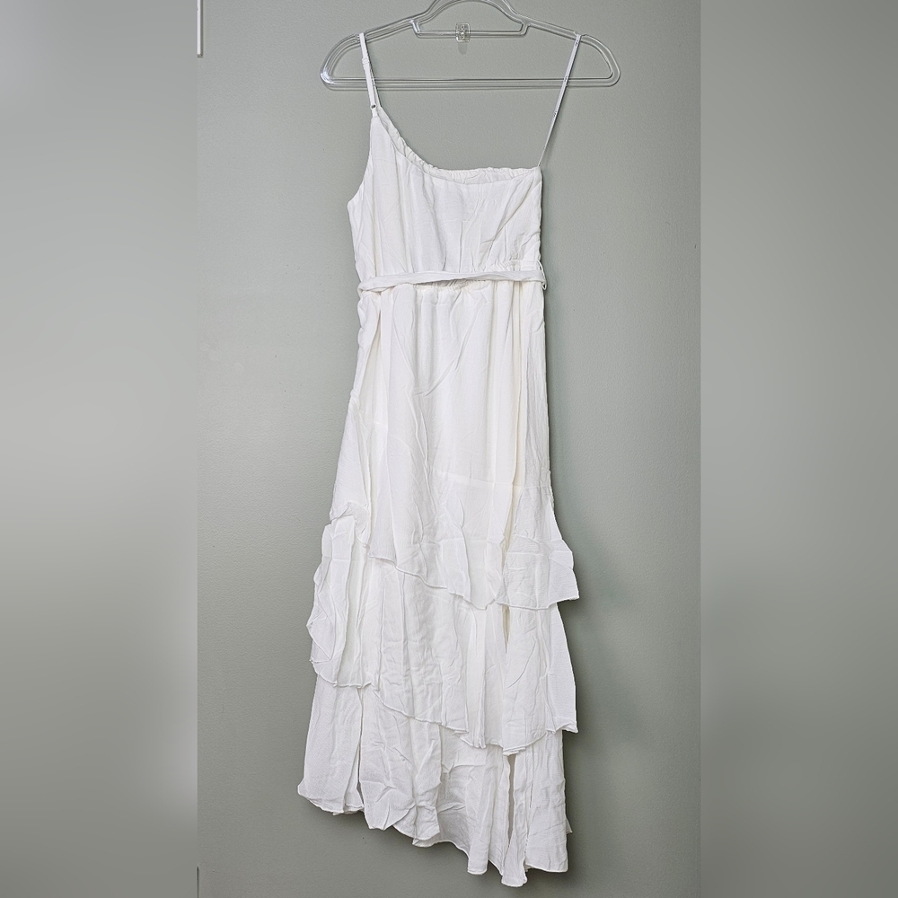 Lulus Slice Of Sunshine White One-Shoulder Asymmetrical Tiered Midi Dress, SMALL - Picture 9 of 11